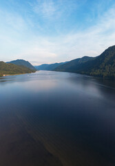 Aerial view on Teletskoye lake in Altai mountains, Siberia, Russia. Drone shot. Beauty summer day.