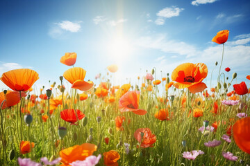 Beautiful spring colorful natural flower background, generative ai, with red yellow and white poppies on light blue background. sunlight