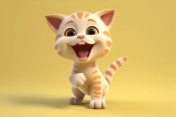 Cute Kawaii cartoon kitten on yellow background. Generative AI. 