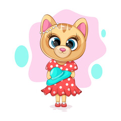Cartoon and cute fashionable kitty in a dress with a hat