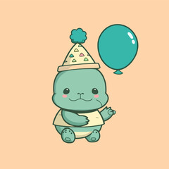 Cute mascot for a turtle wearing a cone hat and carrying a birthday balloon, with a flat cartoon design. Suitable for card, book, birthday design