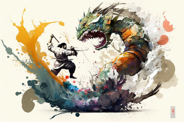 Epic Clash: Sumo Ringer vs. Dragon in Abstract