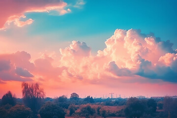 Beautiful natural background with blue sky and pink fluffy clouds at sunset. Excellent cinematic lighting, pastel colors.