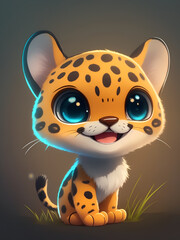 Baby Ocelote, Big Eyes and Smiling, Cartoon Style, Ocelote Kitten, Generative AI