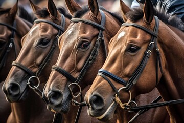 Close-Up of Three Race Horses, Powerful Gallop, Dynamic Equestrian Athletes, Intense Track Action, Generative AI