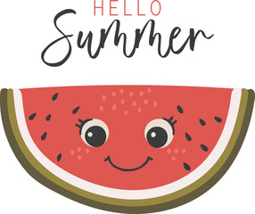 Cute watermelon fruit vector, Fruit with face, Happy watermelon vector, Summer fruit with eyes, Kids funny illustration