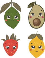 Cute fruits vector set, Fruits with face, Happy fruits vector set, Summer fruits with eyes, Kids funny illustration