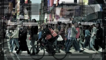 Anonymous People Walking on Crosswalk in Busy Urban City Streets. Facial Recognition Interface Showing Personal. Surveillance concept. Artificial intelligence. Deep learning. Augmented Reality. - Powered by Adobe