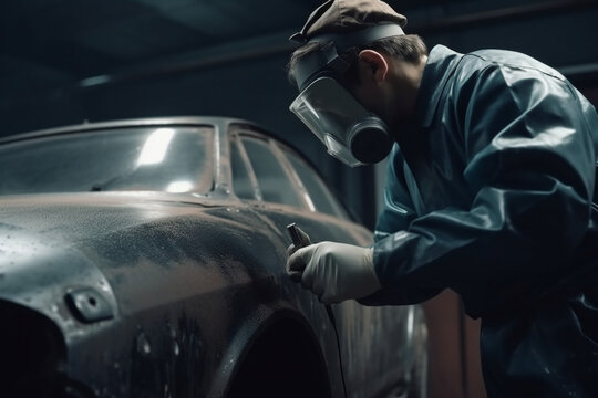 Car body restoration, repairman polishing vintage car. Ai generated art