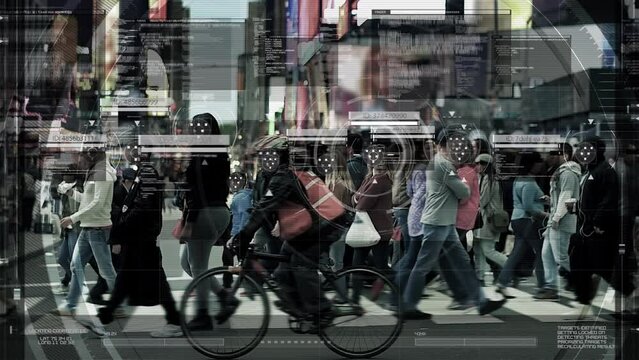 Anonymous People Walking on Crosswalk in Busy Urban City Streets. Facial Recognition Interface Showing Personal. Surveillance concept. Artificial intelligence. Deep learning. Augmented Reality.