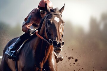 Naklejka premium Racing Horse and Jockey, Intense Race, High-Speed Dash, Down the Track, Equestrian Excitement, Generative AI