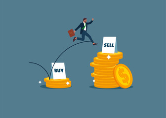 Buy low, sell high. Extensive financial or economic growth. Profit from the stock market or investment. Flat vector illustration. - obrazy, fototapety, plakaty