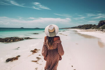 Fototapeta na wymiar boho woman in hat seen from behind . tropical beach, ai generative