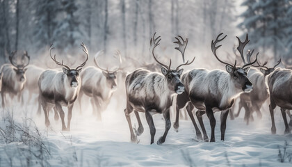 Herd of deer grazing in snowy forest generated by AI