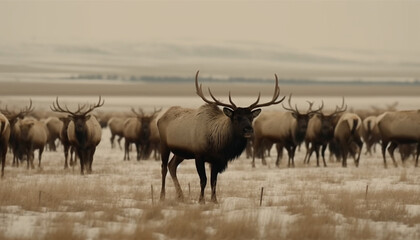 Obraz premium Winter stag standing in snowy forest meadow generated by AI
