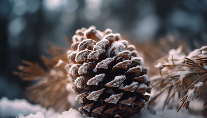 Naklejka na ściany i meble Pine cone decoration on frosty winter table generated by AI