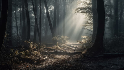 Obraz premium Spooky forest mystery, autumn leaves, tranquil scene generated by AI