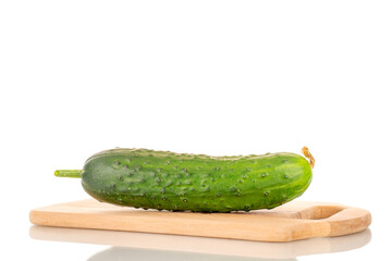 One ripe gherkin cucumber on a wooden kitchen board, macro, isolated on white background.