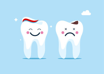 Happy tooth with toothpaste on head and sad tooth with broken enamel. Dental care, dental problem, healthy mouth hygiene, . Modern vector illustration in flat style