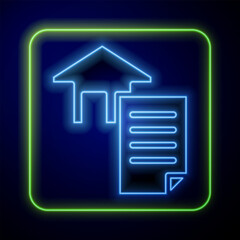 Glowing neon House contract icon isolated on blue background. Contract creation service, document formation, application form composition. Vector