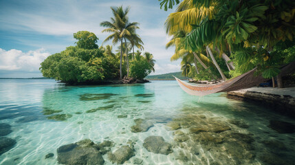 Fototapeta na wymiar A tropical island with crystal-clear water, lush greenery, and white sand beaches, generative AI