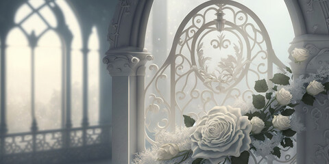 wedding background with white arch, roses, openwork gates. Generative AI