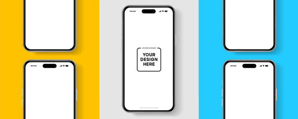 3D realistic high quality smartphone mockup with isolated background. Smart phone mockup collection. Device front view. 3D mobile phone with shadow on white background.