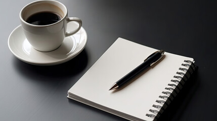Carnet de notes à spirales vierge avec un style et une tasse de café noir posé sur une table