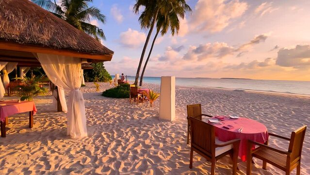 Romantic sunset dinner on the beach. Summer love, romance date on vacation concept, Bora Bora Generative AI