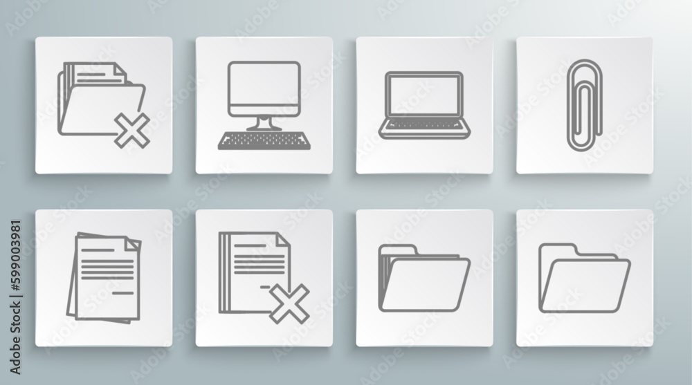 Poster set line file document, computer monitor with keyboard, delete file, document folder, laptop, paper 