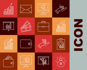 Set line Money bag, Clipboard with graph chart, Rocket flying up coins growth, Computer monitor, Stacks paper money cash, Board, Pie infographic and and Briefcase icon. Vector