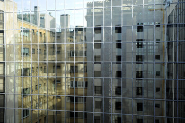 Contemporary architecture. Functional architecture of glass and steel. Office building, residential building, apartment building, aluminum structure diaphragm wall and reflective glass. 