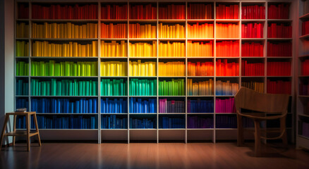 a white book case is full of colorful books