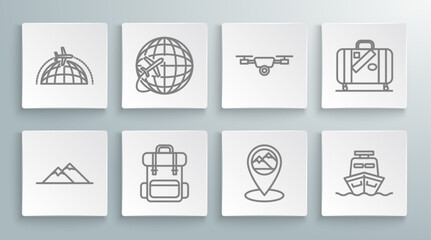 Set line Mountains, Globe with flying plane, Hiking backpack, Map pointer mountain, Ship, Drone action video camera, Suitcase for travel and stickers and icon. Vector