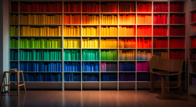 a white book case is full of colorful books