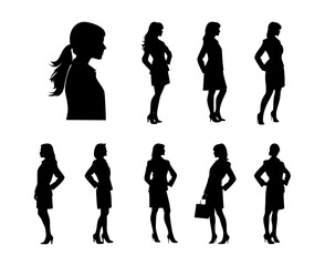 Collection of businesswoman silhouettes. Women in business dresses set, isolated black on white.