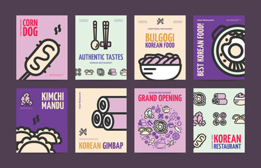 Korean Food Placard Poster Invitation Banner Card Set with Thin Line Elements. Vector illustration