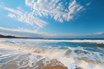 Beautiful panoramic seascape with surf waves against a blue sunny sky with clouds. Natural Mediterranean beach. White clouds in blue sky are reflected in water. 