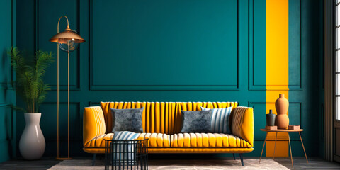 modern sofa against yellow wall with teal wall