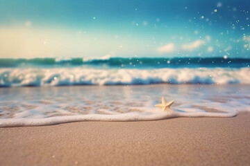 Beautiful sandy beach with white sand and rolling calm wave of turquoise ocean on Sunny day. White clouds in blue sky are reflected in water. generative ai, perfect scenery landscape, starfish