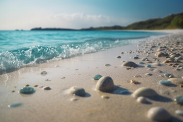 Beautiful sandy beach with white sand and rolling calm wave of turquoise ocean on Sunny day. White clouds in blue sky are reflected in water. generative ai, perfect scenery landscape, pebbles