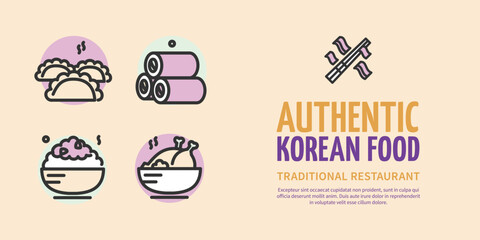 Authentic Korean Food Traditional Restaurant Placard Poster Banner Card with Different Dishes Thin Line Elements. Vector illustration