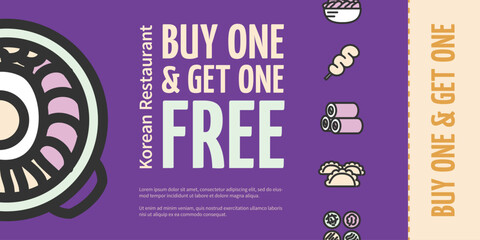 Naklejka premium Buy One Get One Free Concept Korean Restaurant Placard Poster Banner Card with Bibimbap. Vector illustration