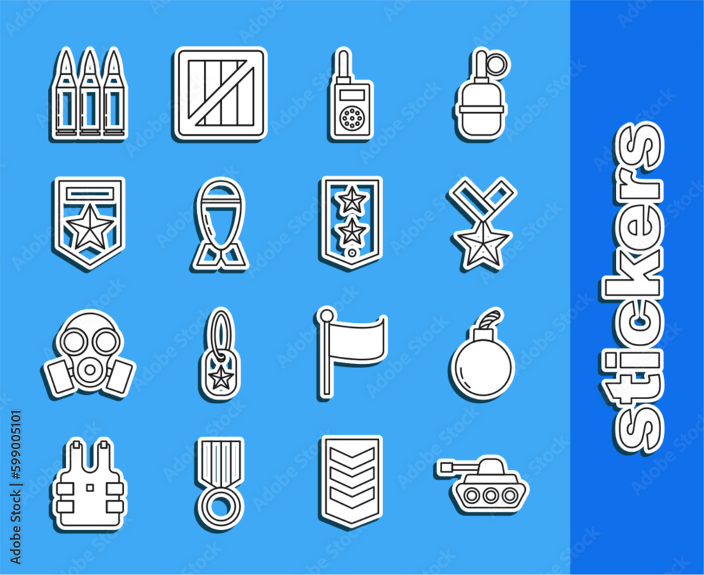 Sticker Set line Military tank, Bomb ready to explode, reward medal, Walkie talkie, Aviation bomb, Chevron, Bullet and icon. Vector