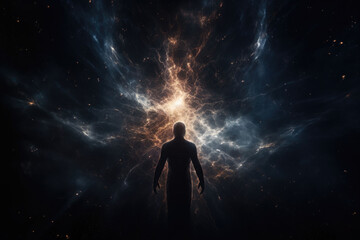 Fototapeta Human figure radiating light. The subject of astral dimension and spirituality. Generative AI obraz