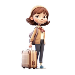 3D icon avatar woman cartoon with a suitcase cute character Young female traveler in hat with a laggage Traveling concept on Isolated Transparent png background. Generative ai