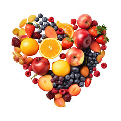 Different fruits lie on white background in the form of heart. Orange, strawberryapple, strawberry and different berries. Top view isolated on transparent png background Generative ai