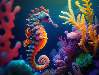 Sea horse in vibrant coral reef - obrazy, fototapety, plakaty