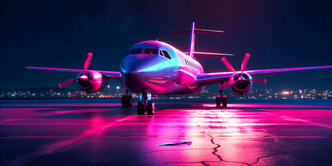 an airplane is on the runway in front of colorful lights