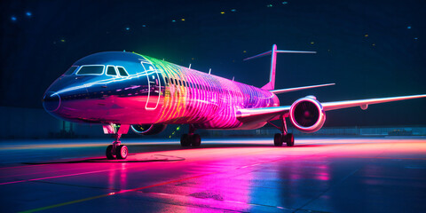 an airplane is on the runway in front of colorful lights